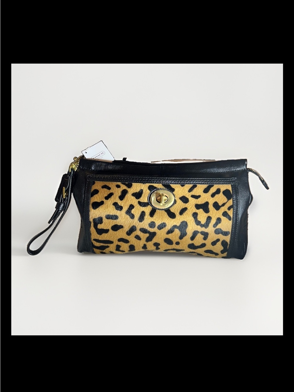 Coach Park Large Clutch, Leopard Print Haircalf, Black Leather Trim, Turn-Lock